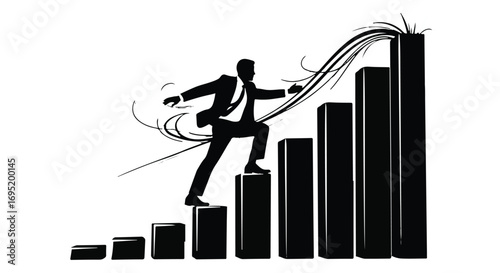 Silhouette of determined businessman climbing upward growth chart bars symbolizing success and ambition