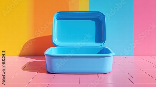 A blue lunchbox is displayed open against a bright, colorful background.