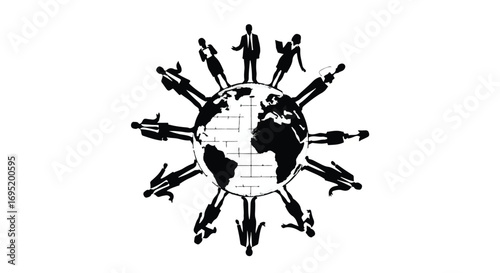 Diverse group of silhouetted people encircling a stylized globe, representing global connection and teamwork.