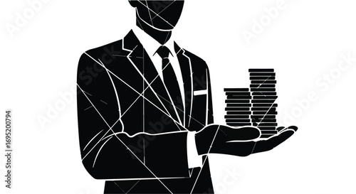 Businessman holding a stack of coins in his outstretched hand, symbolizing wealth and financial success