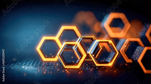Fototapeta Naklejka Na Ścianę i Meble -  A vibrant abstract composition of glowing orange hexagon shapes in a futuristic setting.