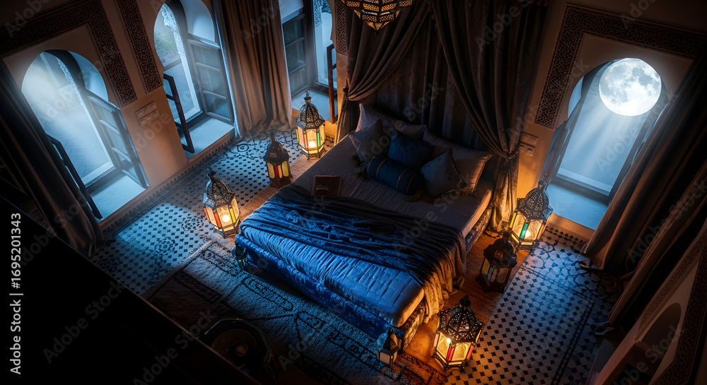 Fototapeta premium Serene Bedroom Illuminated By Moonlight And Lanterns Offers Calm And Tranquility Experience