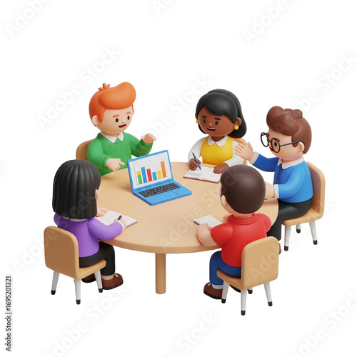 Business team sitting around a round table discussing project in 3D cartoon style