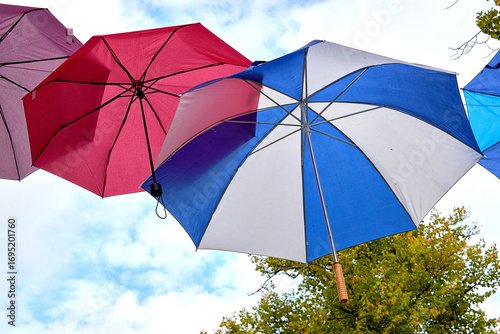 Colorful Umbrellas Hanging Against the Sky