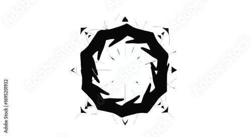 Abstract circular pattern formed by stylized hands reaching inward, symbolizing unity and connection.
