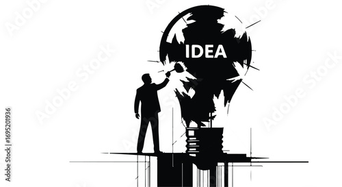 Silhouette of a person reaching for a glowing lightbulb representing a new idea and innovation.