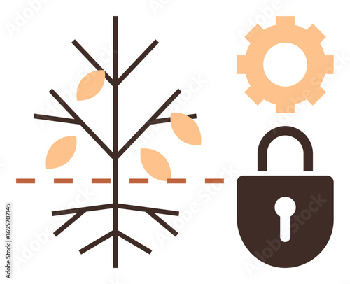 Tree shedding leaves with a dashed line suggests change, a gear symbolizes process and innovation, and a lock indicates security. Ideal for sustainability, technology, agriculture, growth