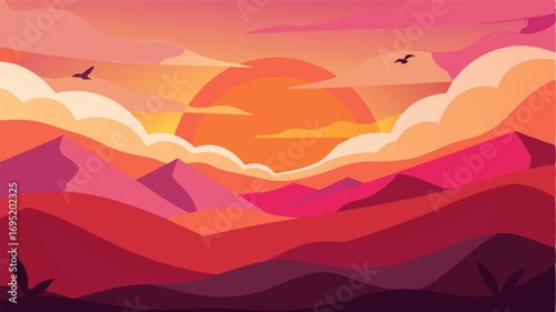 A vibrant sunset painting the hills in shades of pink and orange as birds soar overhead.