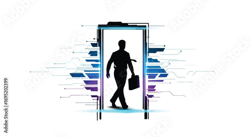 Silhouette of businessman stepping through glowing digital doorway into new opportunities