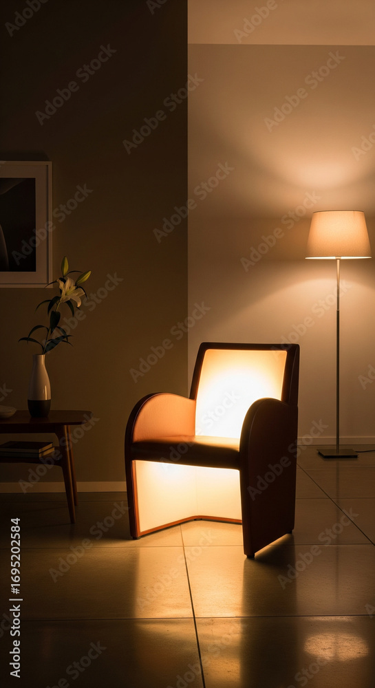 Fototapeta premium Illuminated chair in a modern interior with soft, warm lighting, the chair's curves and lines accentuated by a gentle glow, set against a calming backdrop of muted color