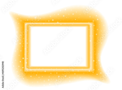 Bright gold neon rectangle with glowing edges and sparkling stars. Vector festive template on transparent background for holiday or party projects.