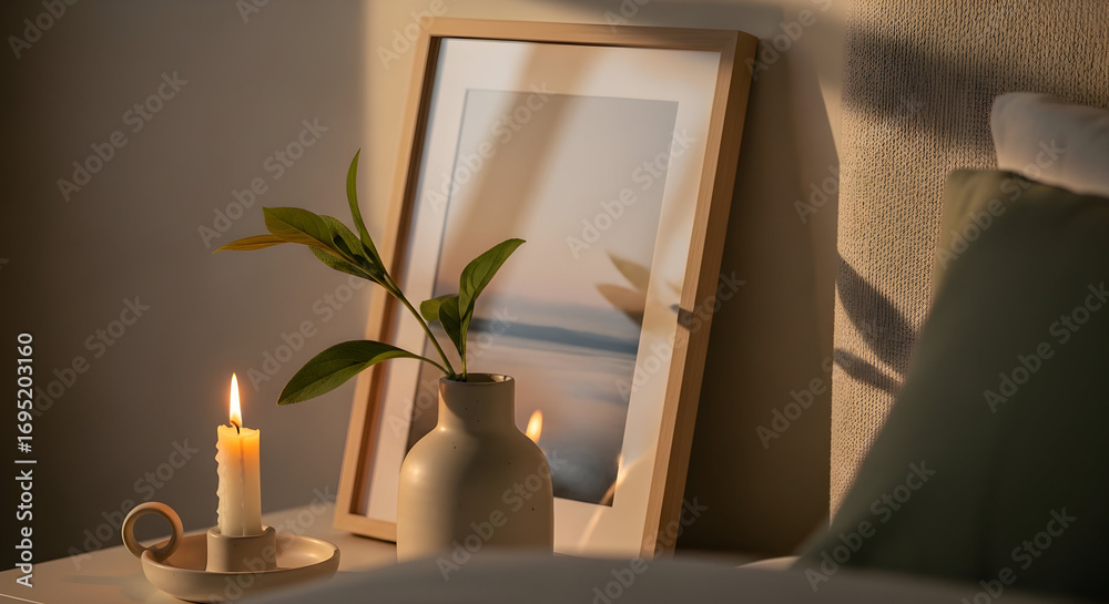 Fototapeta premium Serene Scene Featuring Candlelight, Artwork and Soft Lighting in a Bedroom Corner