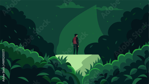 A solitary figure stands at the edge of the dense thicket peering into the darkness with a mix of curiosity and trepidation. The imtrable wall of green seems to stretch on forever