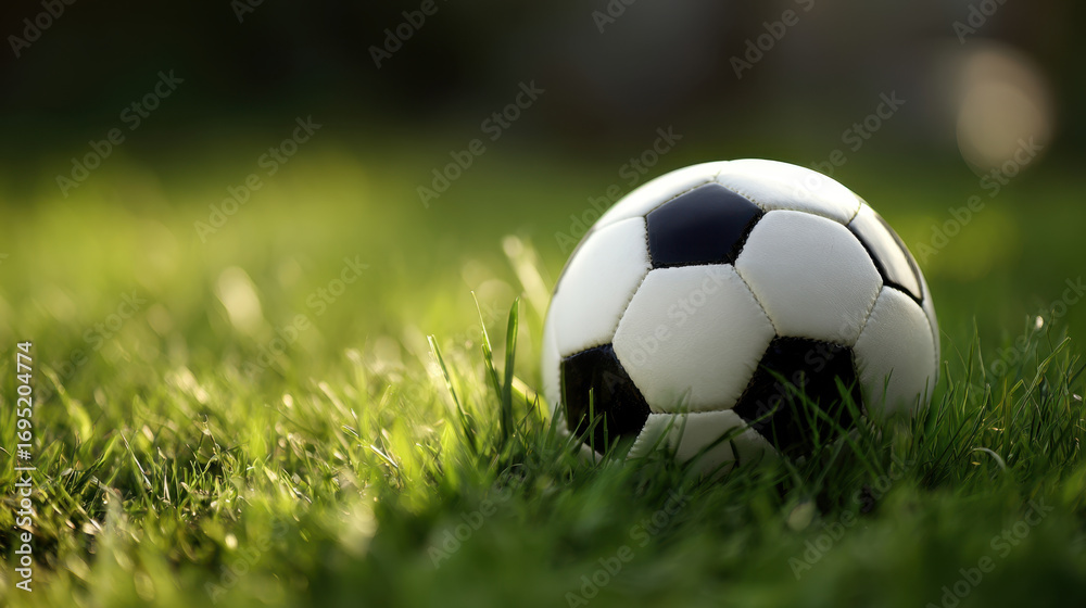 Fototapeta premium Classic black and white soccer ball rests on vibrant green grass, capturing essence of outdoor sports and playfulness. scene evokes sense of excitement and anticipation for game ahead