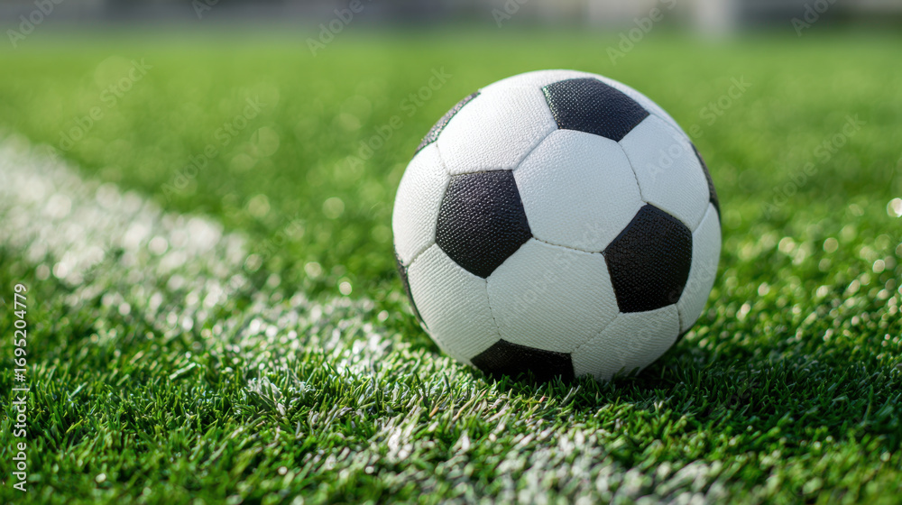 Fototapeta premium Close up view of soccer ball resting on green artificial turf field, showcasing its classic black and white pattern. scene evokes sense of excitement and anticipation for game ahead