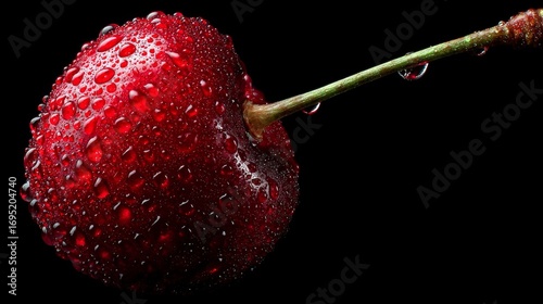 Close up of single ripe cherry with water droplets isolated against black background fruit concept highlighting healthy nutrition natural freshness sweet food lifestyle