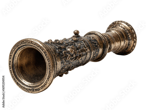 Ornate, bronze-colored miniature cannon.  Detailed carvings adorn the barrel