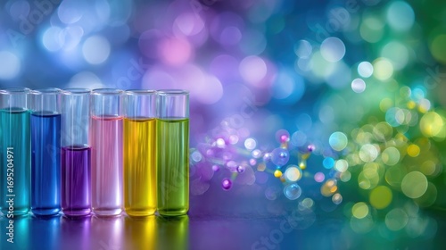 Colorful chemical liquid reagents in glass test tubes for scientific laboratory research experiments against abstract vibrant bokeh lights and molecular forms for discovery.