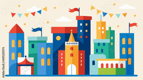 Buildings are adorned with decorative flags and banners showcasing the pride and joy of the citys inhabitants as they celebrate together.