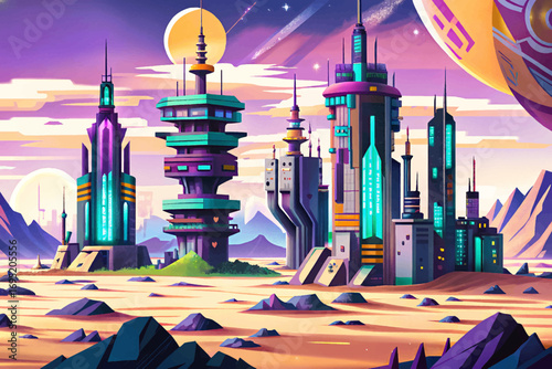 Cyberpunk desert with neon holograms and futuristic towers cartoon wallpaper vector , surreal post apocalyptic scenery