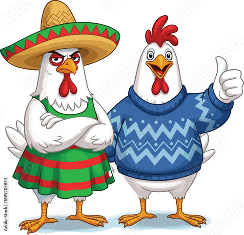 Funny cartoon chickens, Mexican outfit and sweater, anthropomorphic birds, cultural costumes, standing together, cad drawing flat vector illustration