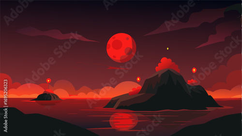 Darkness settles over the island as the sun sets illuminating the glowing red craters in the distance.