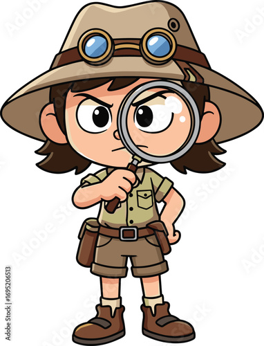 Cartoon explorer character, wide brim hat, goggles, khaki shirt, magnifying glass, confident pose, cad drawing flat vector illustration