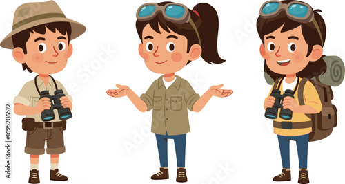 Cartoon explorers group with binoculars and outdoor gear, hiking and adventure illustration, nature exploration, teamwork, travel, camping, wildlife, discovery, tourism, vector art