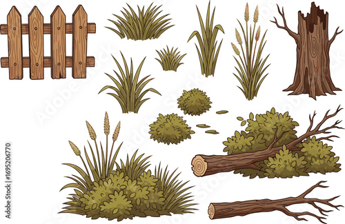 Cartoon forest elements, wooden fence, grass bushes, tree stump, logs, stepping stones, nature scene set, cad drawing flat vector illustration