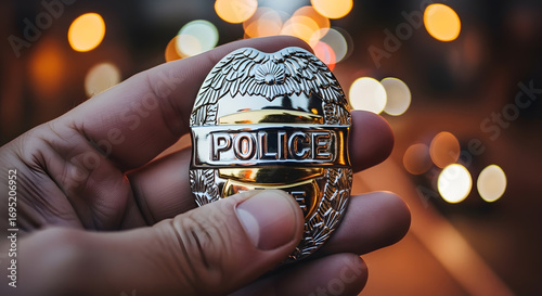 Close-up of hand holding metallic police badge, shiny texture, bokeh background of illuminated street at night