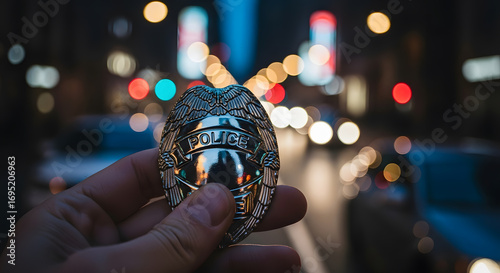 Close-up of hand holding metallic police badge, shiny texture, bokeh background of illuminated street at night