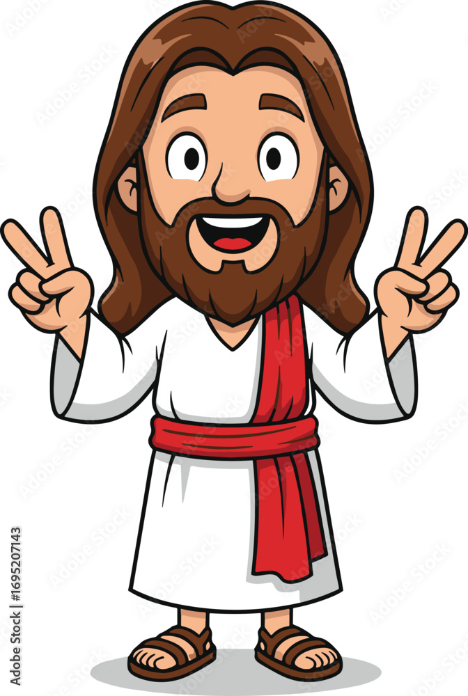 Obraz premium Cartoon Jesus character, white robe, red sash, peace sign gesture, smiling religious figure, cad drawing flat vector illustration