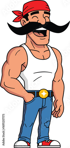 Cartoon muscular man with red bandana and big mustache, wearing white tank top and blue jeans, confident character illustration, humorous, retro, vector art