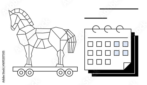 Geometric Trojan horse on wheels paired with a stylized calendar page, symbolizing cyber threats, deadlines, and planning. Ideal for technology, security, strategy, awareness, management innovation