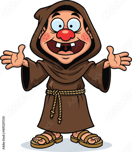Cartoon monk character in brown robe with rope belt, smiling and welcoming pose, humorous religious illustration, friendly mascot, medieval, faith, lifestyle, vector art