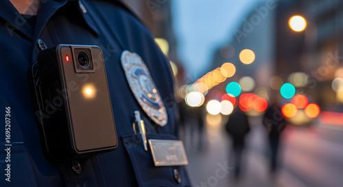 Close-up of body camera fixed on police uniform, light reflection, bokeh background of busy street