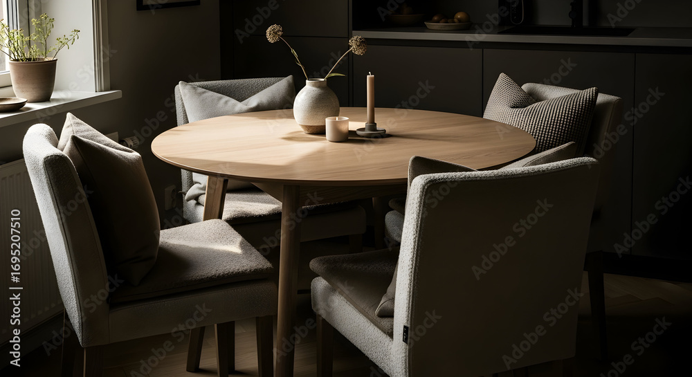 Fototapeta premium Sophisticated Dining Room Scene With A Round Table And Minimalist Aesthetic