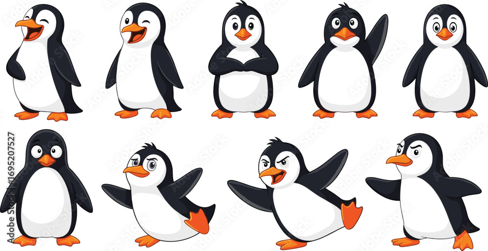 Obraz premium Cartoon penguin characters in various poses and expressions, cute arctic animals illustration, playful wildlife mascot, emotions, winter, cold climate, fun, vector art