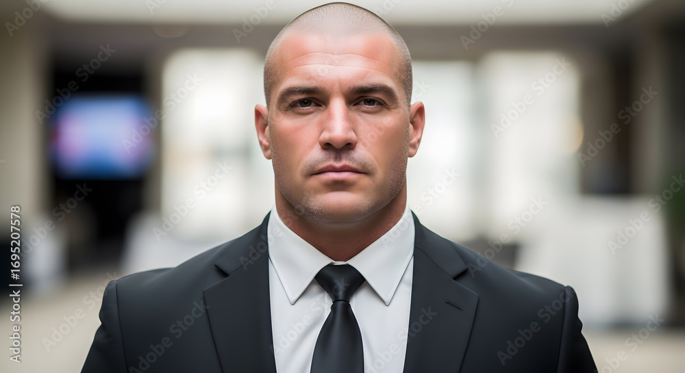 Fototapeta premium Male private security guard portrait, dark suit, attentive look, closed mouth, blurred background