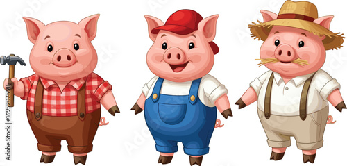 Cartoon pigs characters, construction worker, farmer outfits, anthropomorphic animals in professions, cute farm scene, cad drawing flat vector illustration