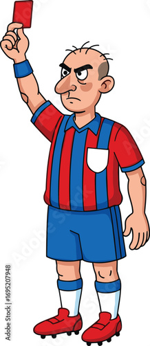 Cartoon soccer referee in red and blue uniform holding red card, sports official illustration, football penalty, match rules, discipline, game, competition, vector art