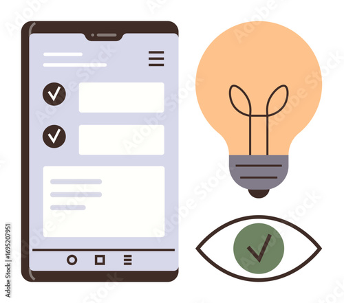 Smartphone screen with ticked checklist, glowing lightbulb, and eye with a checkmark. Ideal for productivity, innovation, visibility, task planning, focus creativity and decision-making. Simple