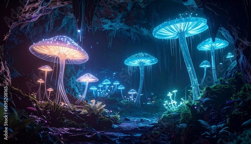 A surreal underground forest of glowing fungi and crystal trees, inhabited by bizarre four-legged creatures with translucent skin, bioluminescent veins glowing in the dark, cinematic fantasy lighting.