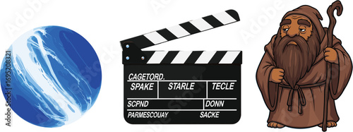Fantasy wizard with staff beside planet and film clapperboard, magical storytelling illustration, cinema, adventure, multimedia, creative concept, space, movie production, vector art