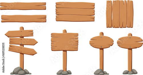 Cartoon wooden signboards set, directional arrows, blank planks, rustic game asset pack, cad drawing flat vector illustration
