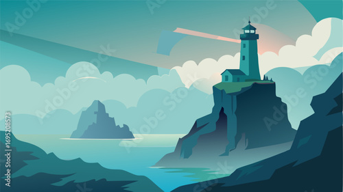 As the mist rises from the sea to envelop the cliff the lighthouse emerges as a striking and ethereal sight creating a scene straight out of a fairytale.