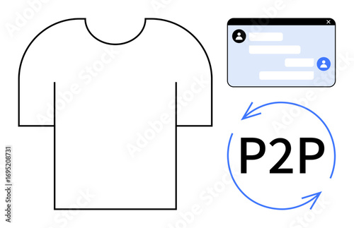 T-shirt outline, chat bubble interface, P2P text with arrows. Ideal for e-commerce, sustainable commerce, messaging app, user connection, fashion, peer sharing and simple landing page