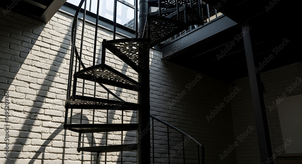 Fototapeta premium Spiral staircase with brick wall background and sunlight creating shadows in an interior scene