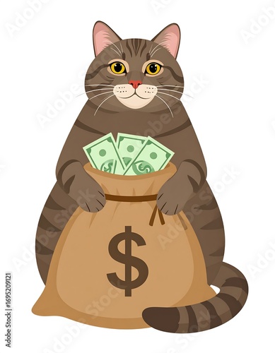 A cartoon tabby cat holds a money bag filled with cash, displaying a contented expression.