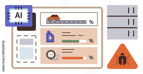 Vehicle condition dashboard powered by AI chip, showing road activity, oil level, air pressure, system error sign, progress bars, and server blocks. Ideal for IoT, auto maintenance automation AI